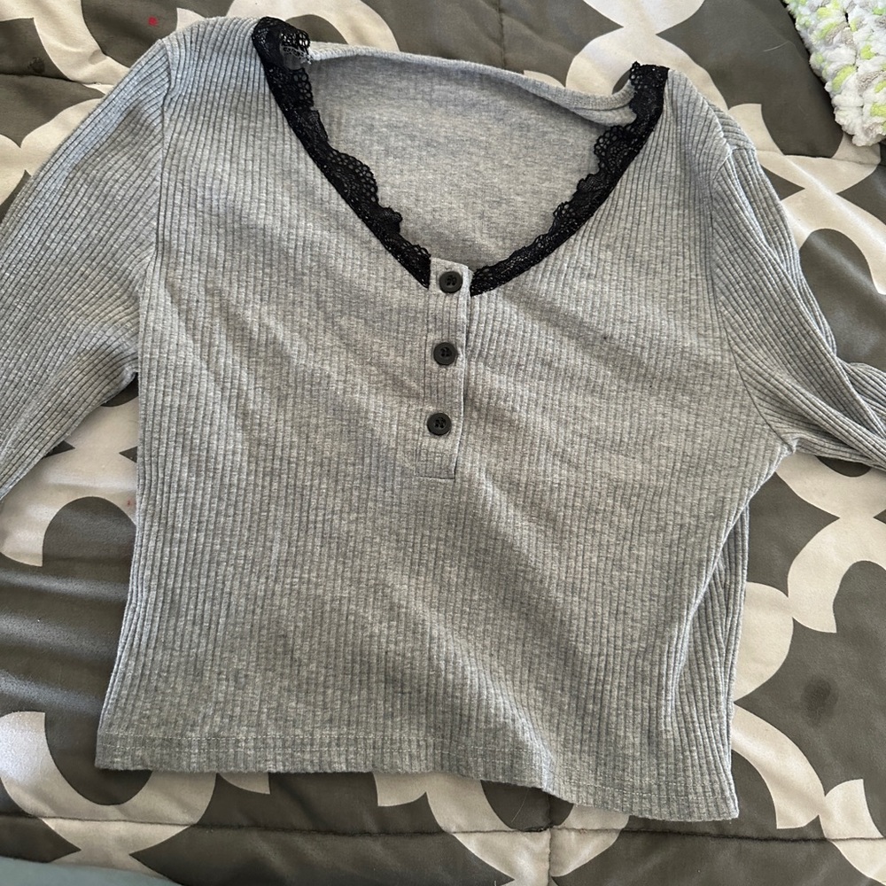 gray long sleeve and black lace shirt